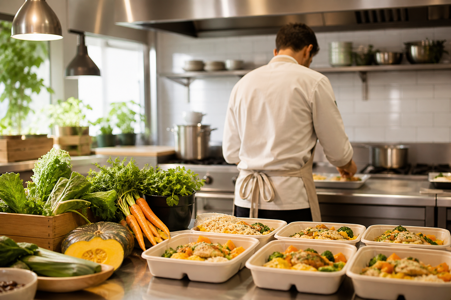 Cuisinier de dos préparant des barquettes de repas dans une cuisine professionnelle.